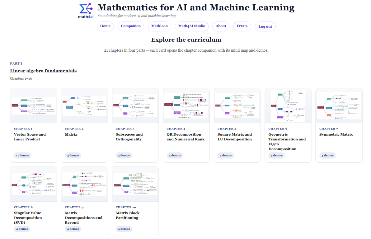 Interactive Math4AI companion chapter curriculum